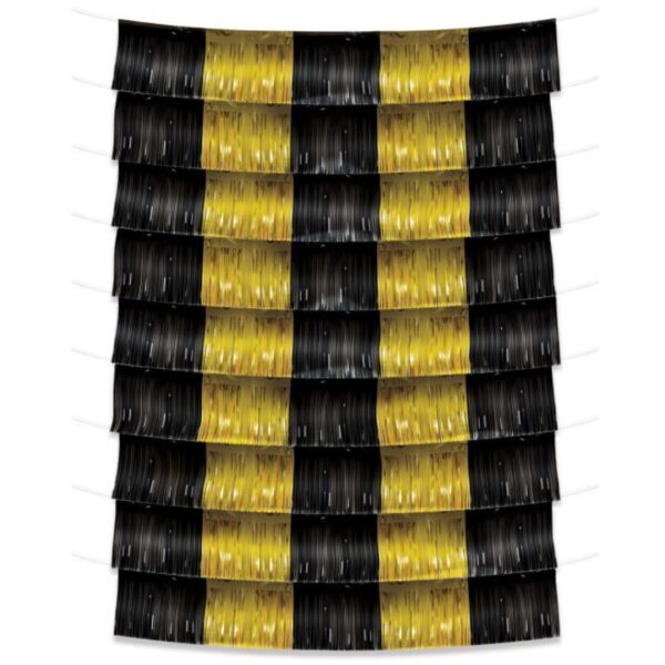 Beistle Metallic Tinsel Fringe Garland Backdrop, Photo Booth Curtain for Birthday Wedding Receptions New Year's Eve Party Supplies Awards Night D?cor, 80" x 72", Black/Gold