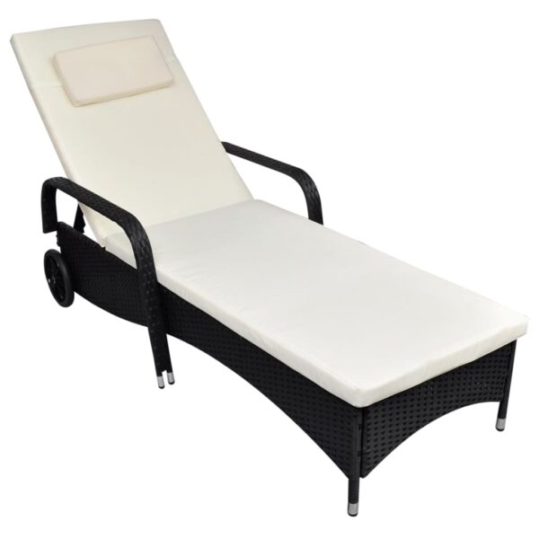 vidaXL Sun Lounger with Cushion & Wheels Poly Rattan Black