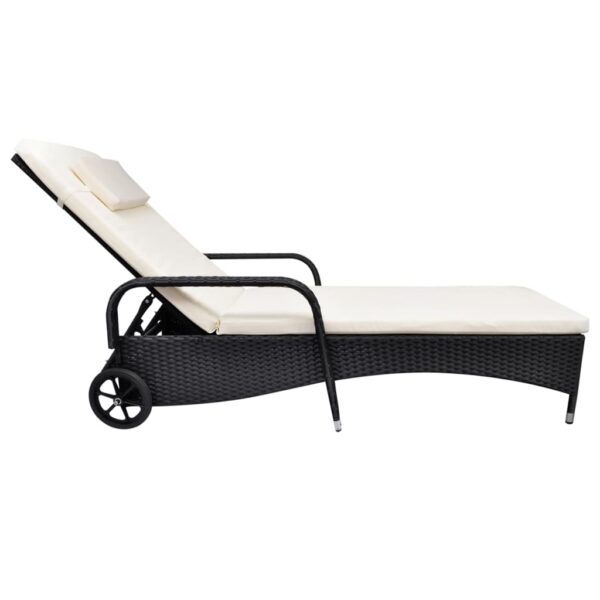 vidaXL Sun Lounger with Cushion & Wheels Poly Rattan Black - Image 2