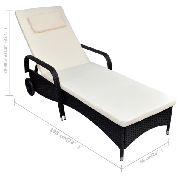 vidaXL Sun Lounger with Cushion & Wheels Poly Rattan Black - Image 4