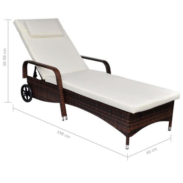 vidaXL Sun Lounger with Cushion & Wheels Poly Rattan Brown - Image 3