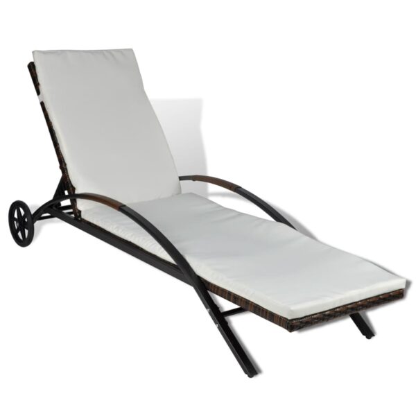 vidaXL Sun Lounger with Cushion & Wheels Poly Rattan Brown - Image 2