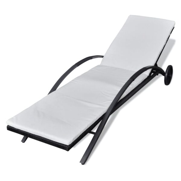 vidaXL Sun Lounger with Cushion & Wheels Poly Rattan Black - Image 2