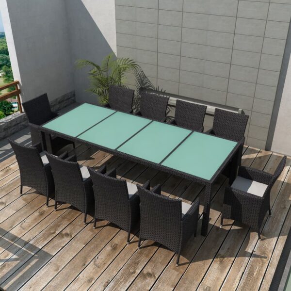 vidaXL 11 Piece Patio Dining Set with Cushions Poly Rattan Black