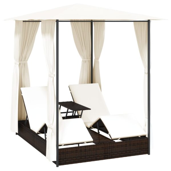 vidaXL Double Sun Lounger with Curtains Poly Rattan Brown - Image 2