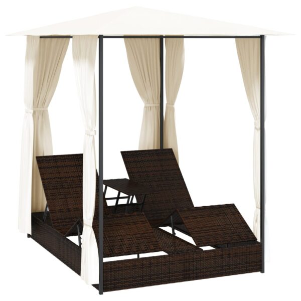 vidaXL Double Sun Lounger with Curtains Poly Rattan Brown - Image 3