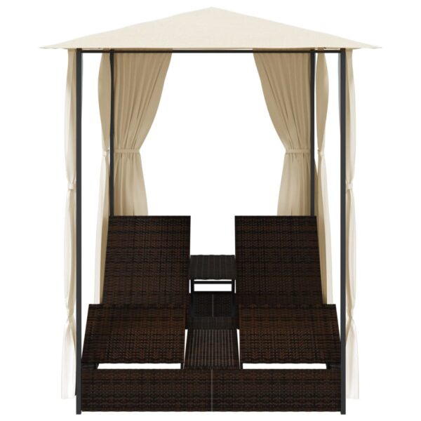 vidaXL Double Sun Lounger with Curtains Poly Rattan Brown - Image 4