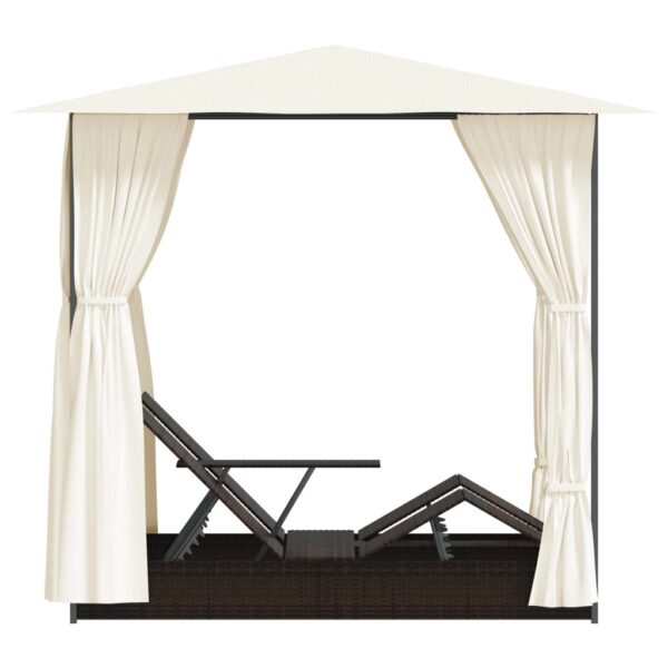 vidaXL Double Sun Lounger with Curtains Poly Rattan Brown - Image 5