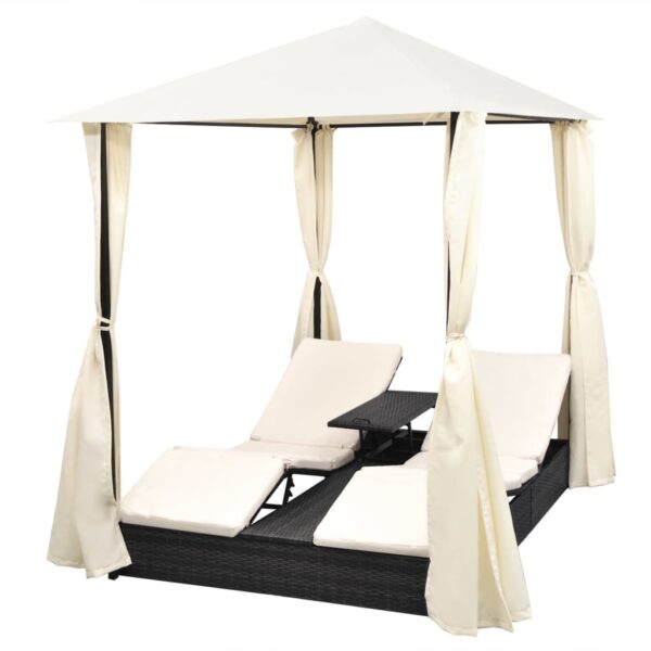 vidaXL Double Sun Lounger with Curtains Poly Rattan Black - Image 2