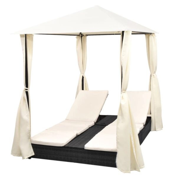 vidaXL Double Sun Lounger with Curtains Poly Rattan Black - Image 3