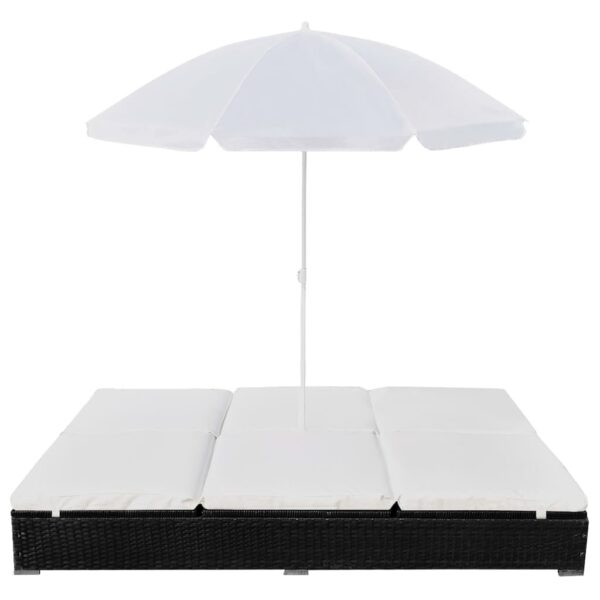 vidaXL Patio Lounge Bed with Umbrella Poly Rattan Black - Image 2