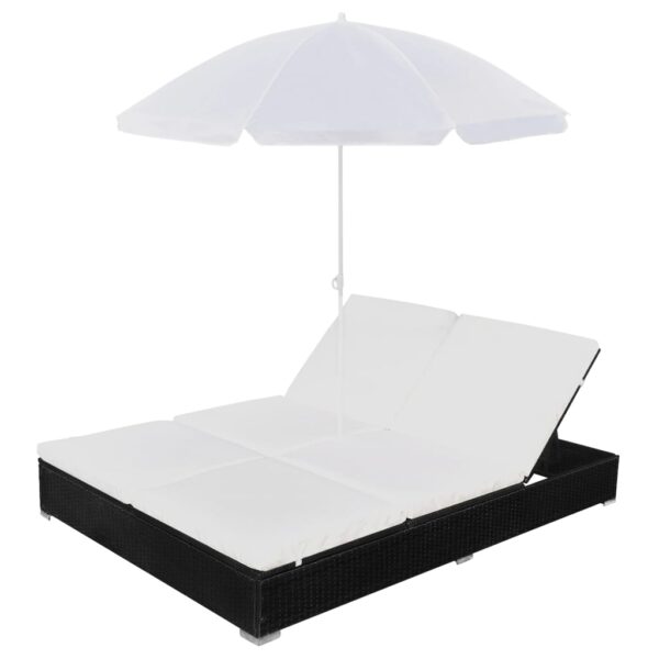 vidaXL Patio Lounge Bed with Umbrella Poly Rattan Black - Image 3