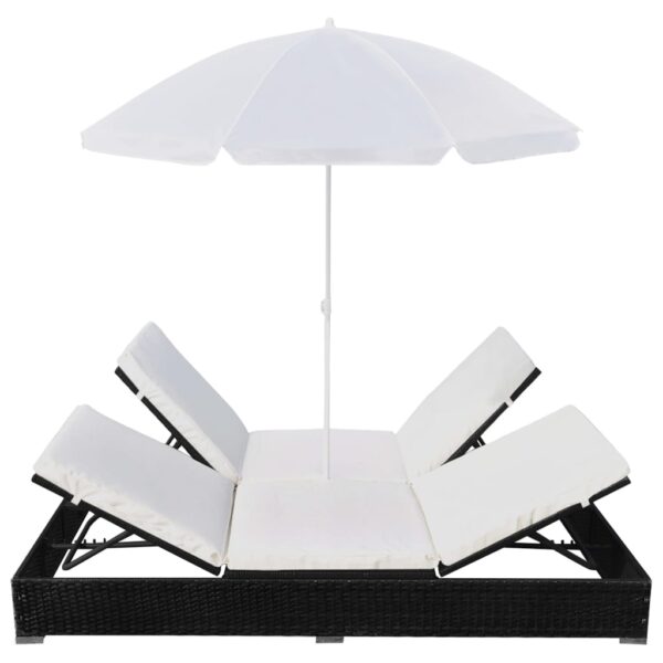 vidaXL Patio Lounge Bed with Umbrella Poly Rattan Black - Image 4