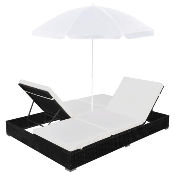 vidaXL Patio Lounge Bed with Umbrella Poly Rattan Black - Image 5