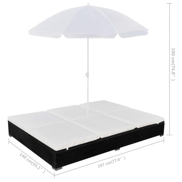 vidaXL Patio Lounge Bed with Umbrella Poly Rattan Black - Image 8