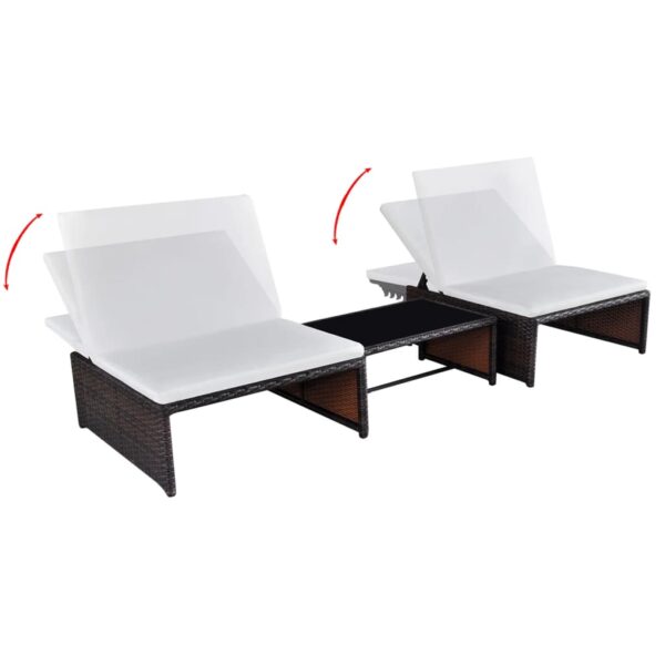 vidaXL Sun Loungers 2 pcs with Table Poly Rattan Brown - Image 3