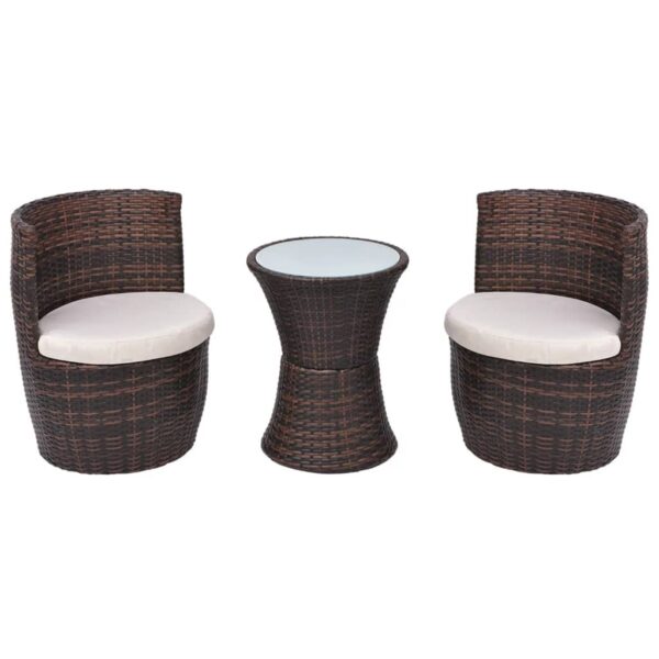 vidaXL 3 Piece Bistro Set with Cushions Poly Rattan Brown - Image 2