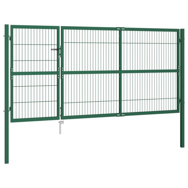 vidaXL Garden Fence Gate with Posts 137.8"x55.1" Steel Green - Image 2