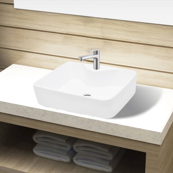 vidaXL Ceramic Bathroom Sink Basin with Faucet Hole White Square