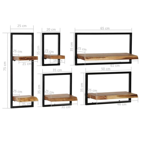 vidaXL Wall Shelf Set 5 Pieces Solid Acacia Wood and Steel - Image 9