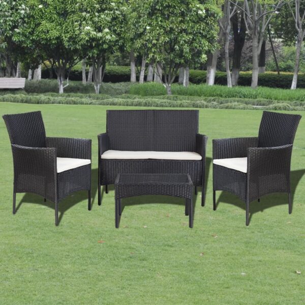 vidaXL 4 Piece Patio Lounge Set with Cushions Poly Rattan Black - Image 7