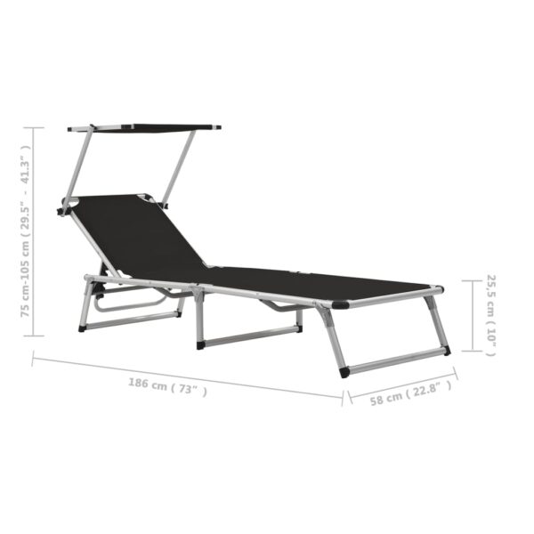 vidaXL Folding Sun Lounger with Roof Aluminum and Textilene Black - Image 10