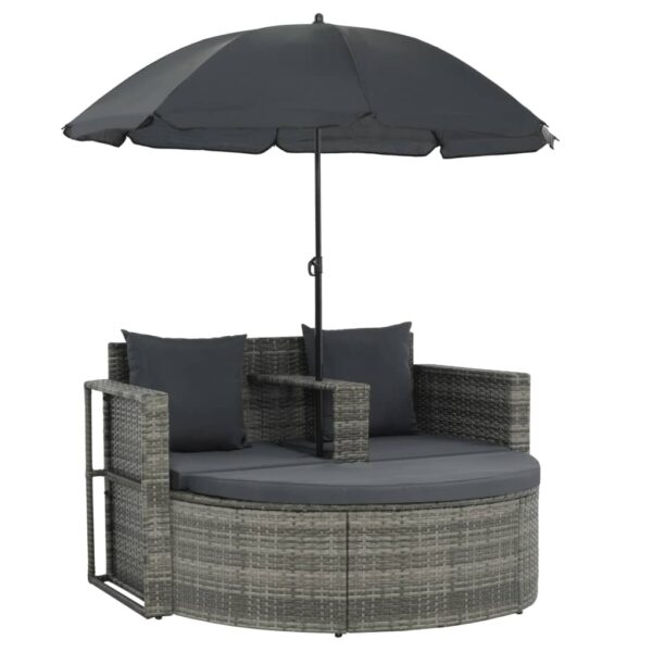 vidaXL 2 Seater Patio Sofa with Cushions and Parasol Gray Poly Rattan - Image 2