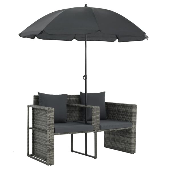 vidaXL 2 Seater Patio Sofa with Cushions and Parasol Gray Poly Rattan - Image 3