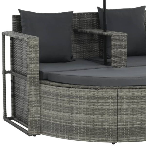 vidaXL 2 Seater Patio Sofa with Cushions and Parasol Gray Poly Rattan - Image 6