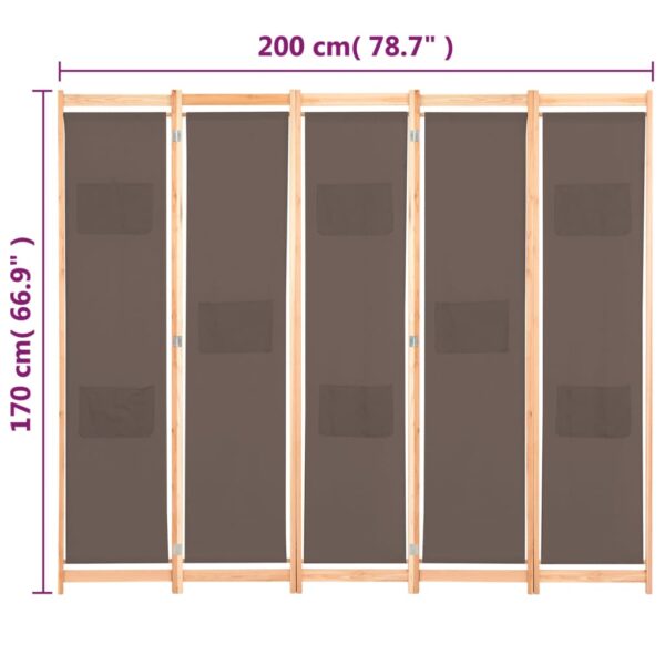 vidaXL 5-Panel Room Divider Brown 78.7"x66.9"x1.6" Fabric - Image 8