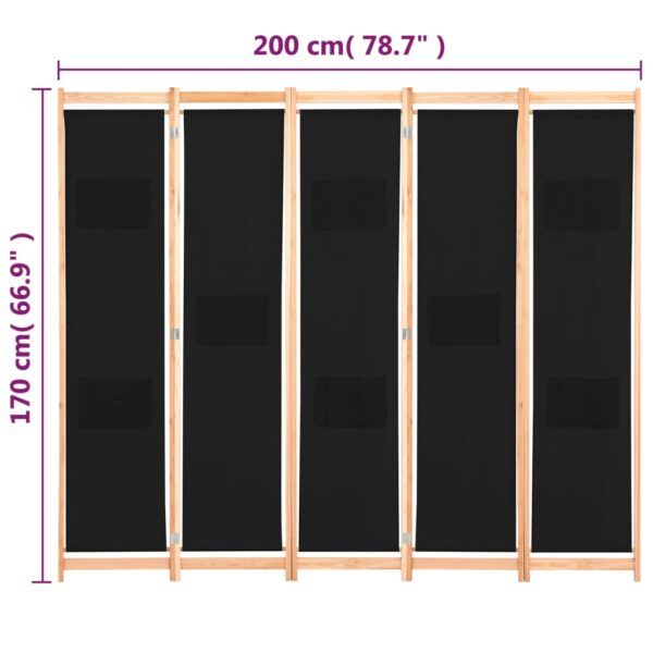 vidaXL 5-Panel Room Divider Black 78.7"x66.9"x1.6" Fabric - Image 8