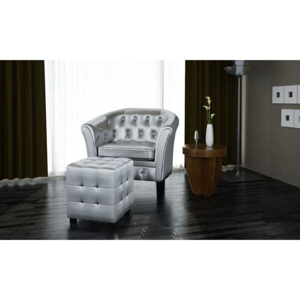 vidaXL Tub Chair with Footstool Silver Faux Leather - Image 2