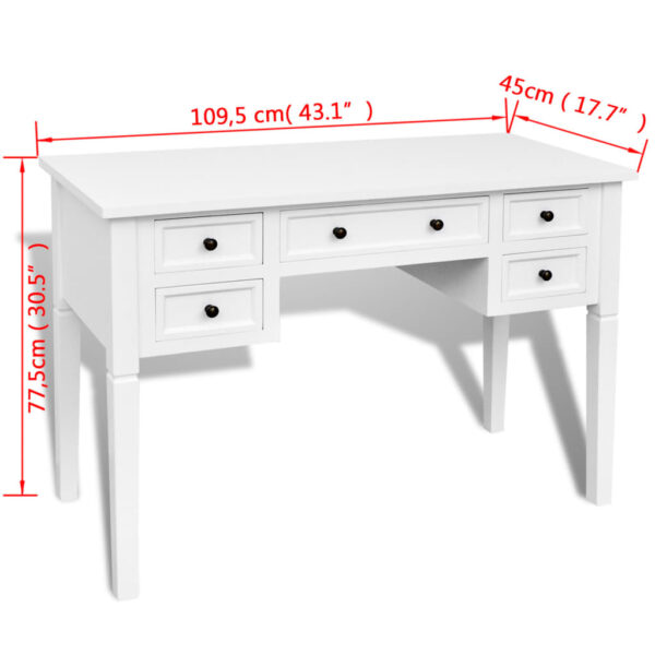 vidaXL White Writing Desk with 5 Drawers - Image 6