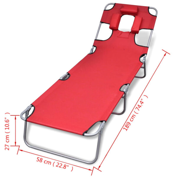 vidaXL Folding Sun Lounger with Head Cushion Powder-coated Steel Red - Image 7