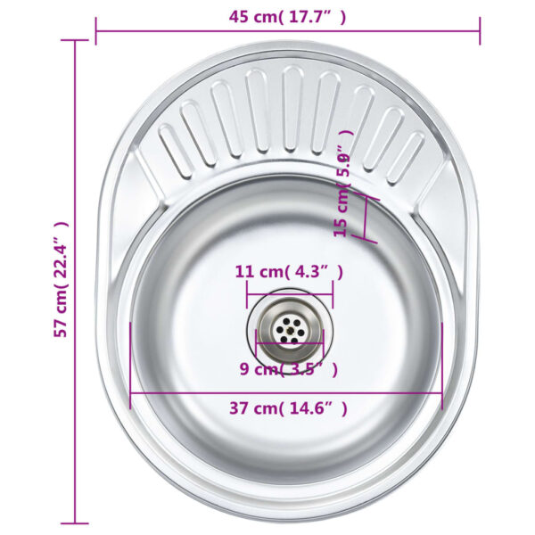 vidaXL Kitchen Sink with Strainer and Trap Oval Stainless Steel - Image 7