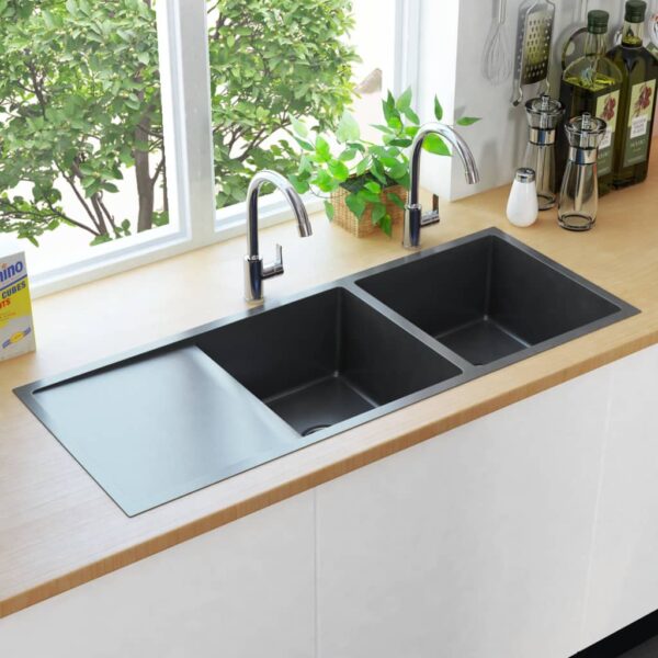 vidaXL Handmade Kitchen Sink Black Stainless Steel - Image 3