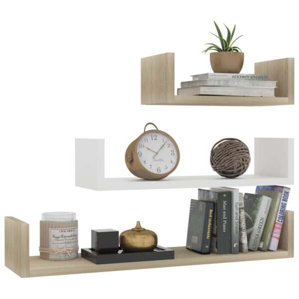 vidaXL Wall Display Shelf 3 pcs White and Sonoma Oak Engineered Wood - Image 3