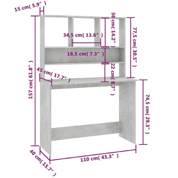 vidaXL Desk with Shelves Concrete Gray 43.3"x17.7"x61.8" Engineered Wood - Image 6