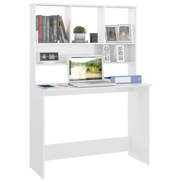 vidaXL Desk with Shelves High Gloss White 43.3" x 17.7" x 61.8" Engineered Wood - Image 3