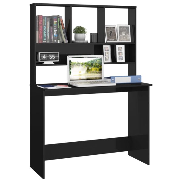 vidaXL Desk with Shelves High Gloss Black 43.3" x 17.7" x 61.8" Engineered Wood - Image 3