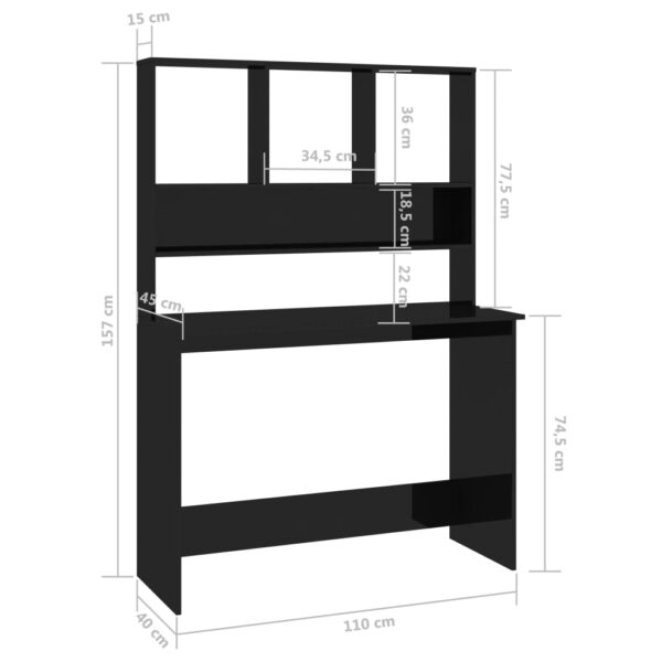 vidaXL Desk with Shelves High Gloss Black 43.3" x 17.7" x 61.8" Engineered Wood - Image 6