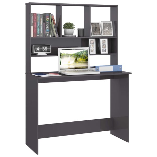 vidaXL Desk with Shelves High Gloss Gray 43.3" x 17.7" x 61.8" Engineered Wood - Image 3