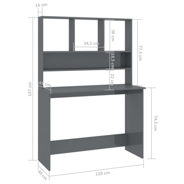 vidaXL Desk with Shelves High Gloss Gray 43.3" x 17.7" x 61.8" Engineered Wood - Image 6