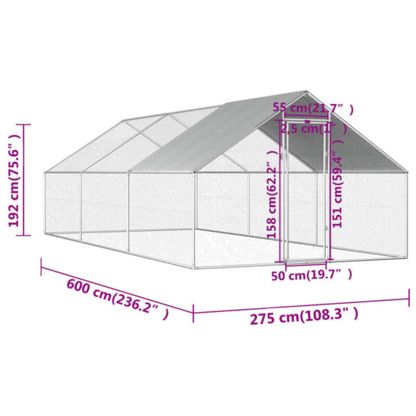 vidaXL Outdoor Chicken Cage 9'x19.7'x6.3' Galvanized Steel - Image 6