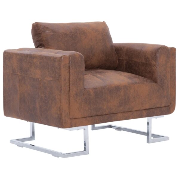 vidaXL Cube Armchair Brown Faux Suede Leather - Image 2