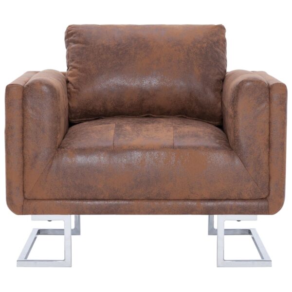 vidaXL Cube Armchair Brown Faux Suede Leather - Image 3