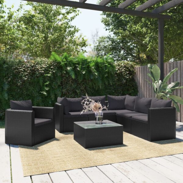 vidaXL 7 Piece Patio Lounge Set with Cushions Poly Rattan Black