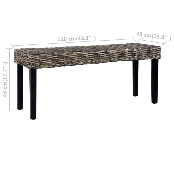 vidaXL Bench 43.3" Black Natural Kubu Rattan and Solid Mango Wood - Image 6