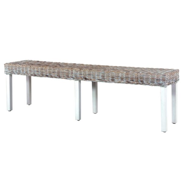 vidaXL Bench 63" White Natural Kubu Rattan and Solid Mango Wood - Image 4