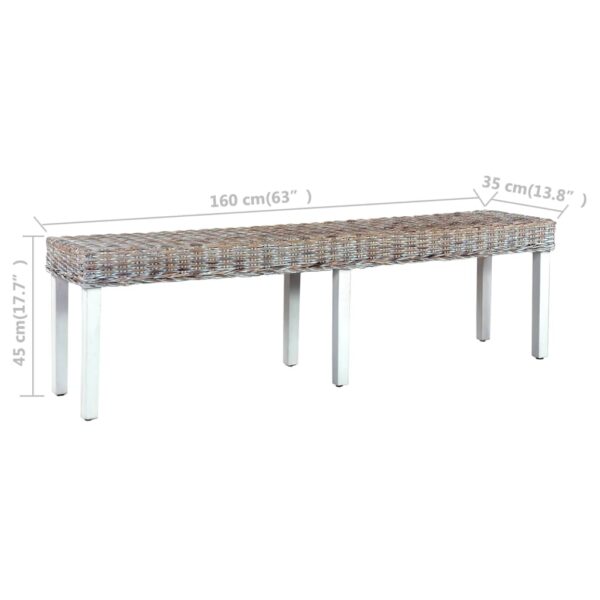 vidaXL Bench 63" White Natural Kubu Rattan and Solid Mango Wood - Image 6